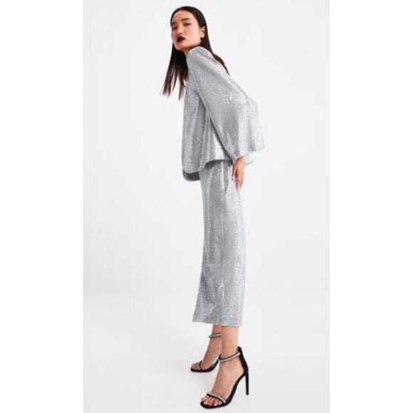 Zara Silver Sequin Cape & High-Rise Culottes Cropped Pants Set NWT- Size S - Picture 2 of 12